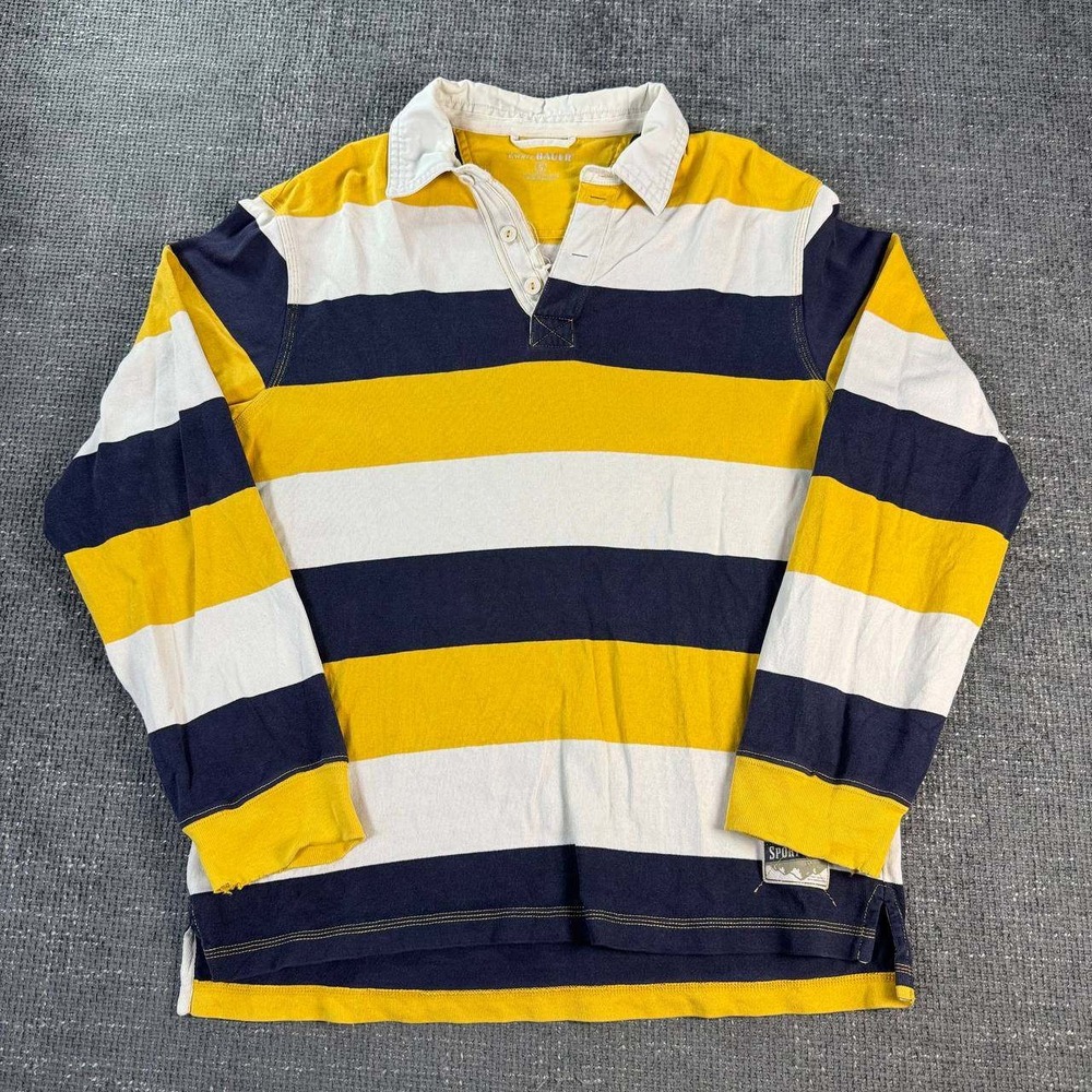 Eddie Bauer Rugby Shirt Mens Small Navy Yellow Striped Long Sleeve Sport Shop
